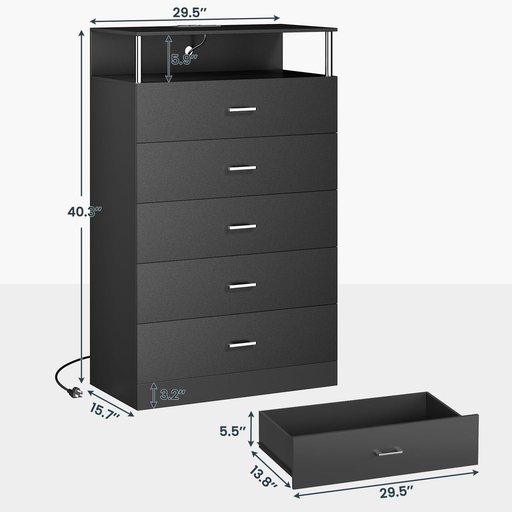 Black Dresser with Column Design & Charging Station, Led 5 Drawers Tall Dresser, Black