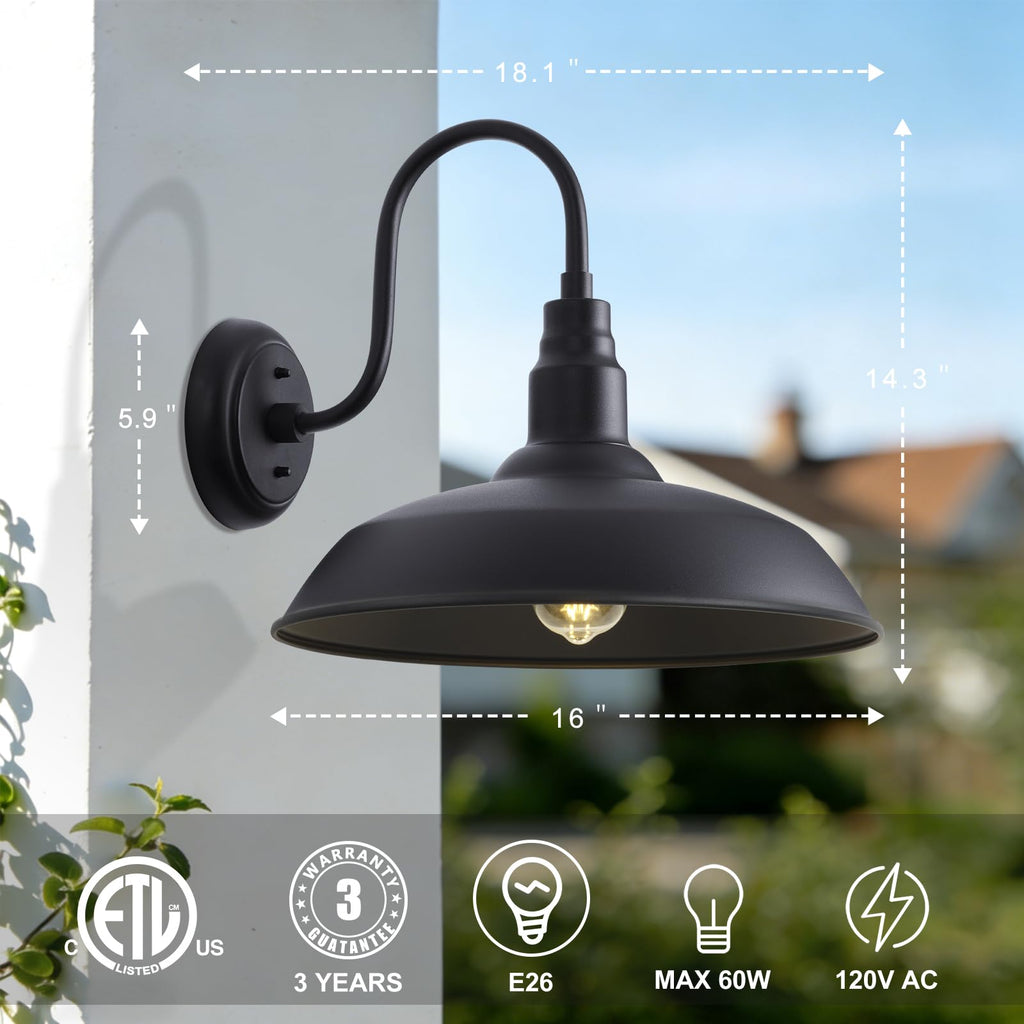 16 Inch Dome Barn Light for Porch, Large Gooseneck Outdoor Light Fixture for Farmhouse, Barn Style Exterior Patio