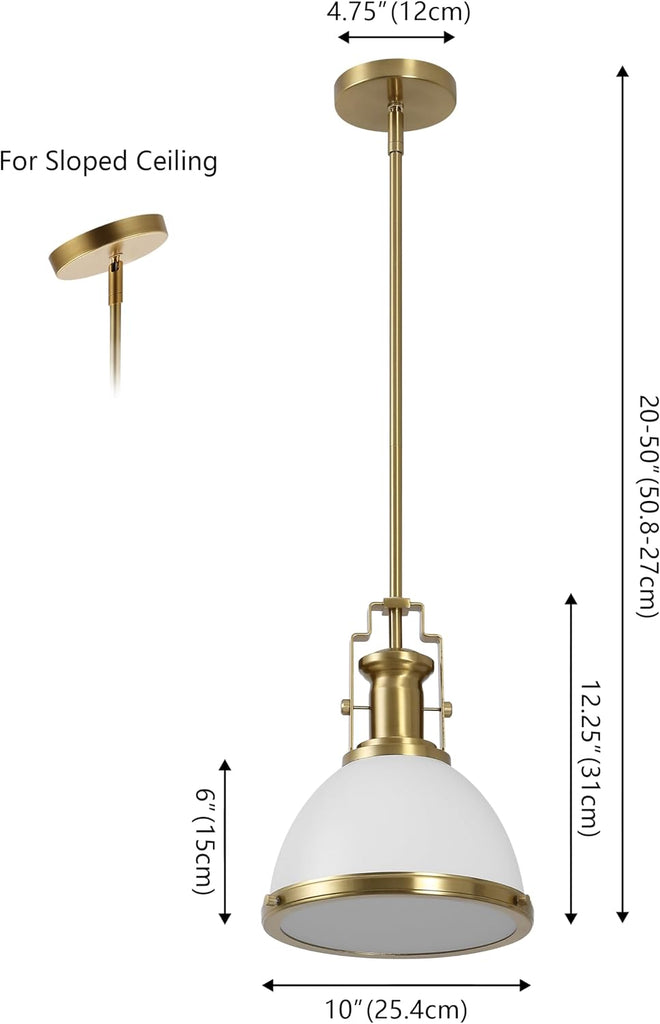10" Brass Gold/White Modern Industrial Iron LED Dome Pendant Light, Adjustable Hanging Fixture for Kitchen Island or