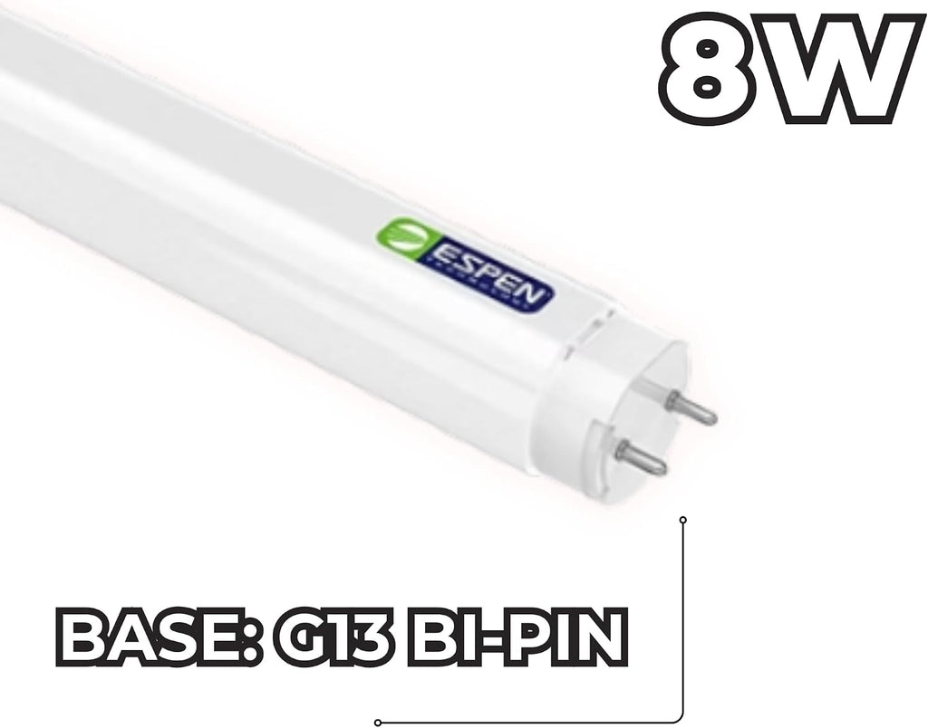 2ft T8 LED Tube Lights, 8W Ballast Bypass Type B - Shatterproof Nano Plastic, 1120 Lumens, G13 Bi-Pin