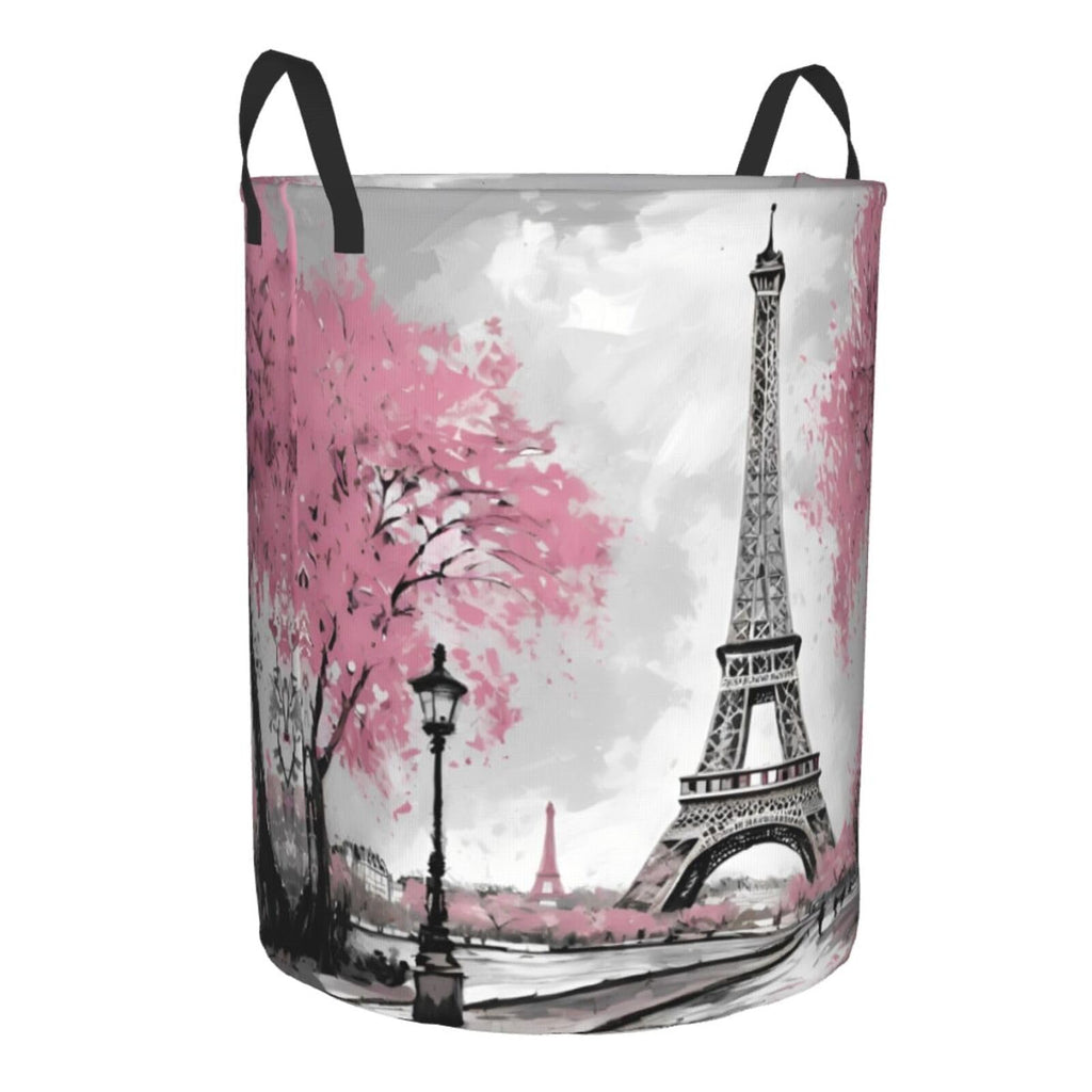 62l Round Laundry Hamper Retro Paris Eiffel Tower Storage Basket Waterproof Coating Organizer Bin Clothes Toys