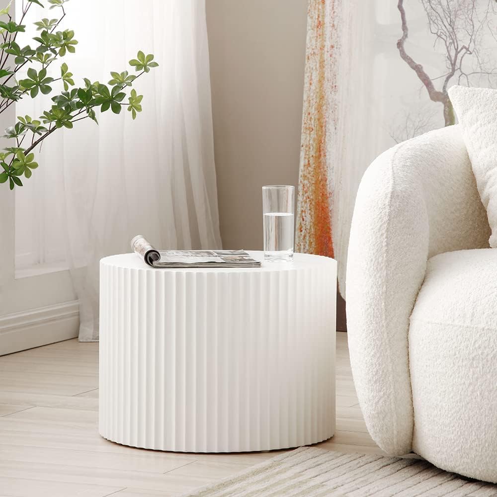 White Round Coffee Nesting Coffee Set of 2 Contemporary Circle Coffee Fluted Side Tables End Office