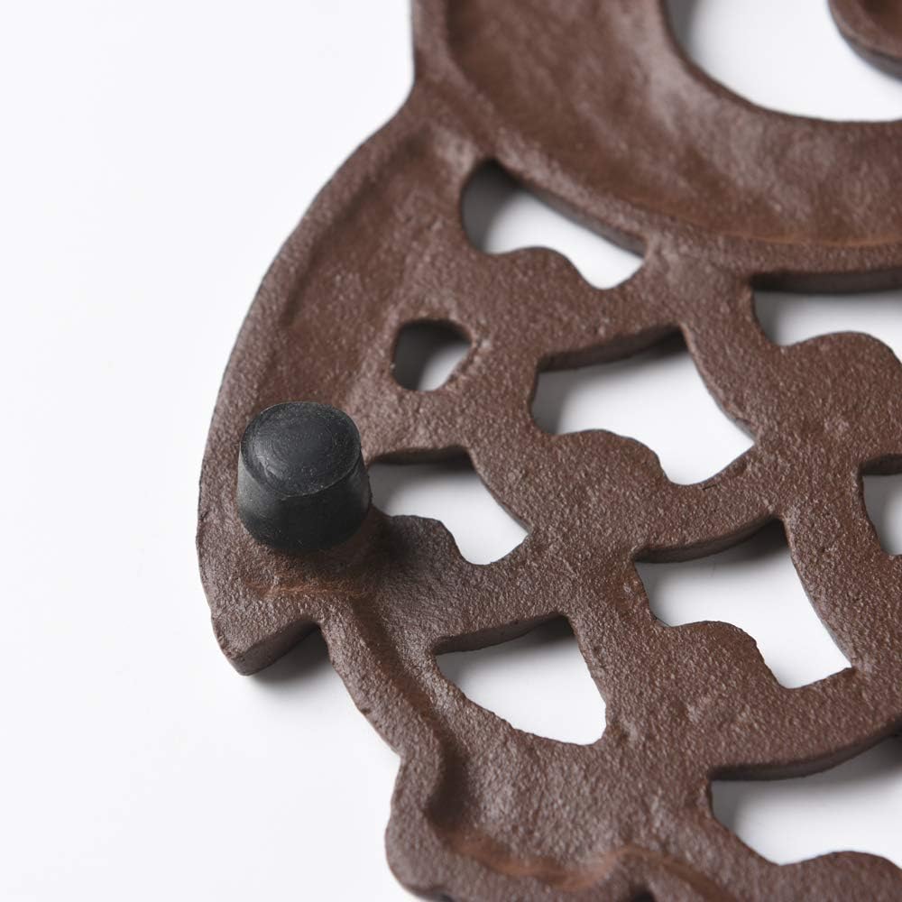 Cast Iron Owl Pot Trivet, Vintage Rustic, Artisan Design, with Rubber Pegs