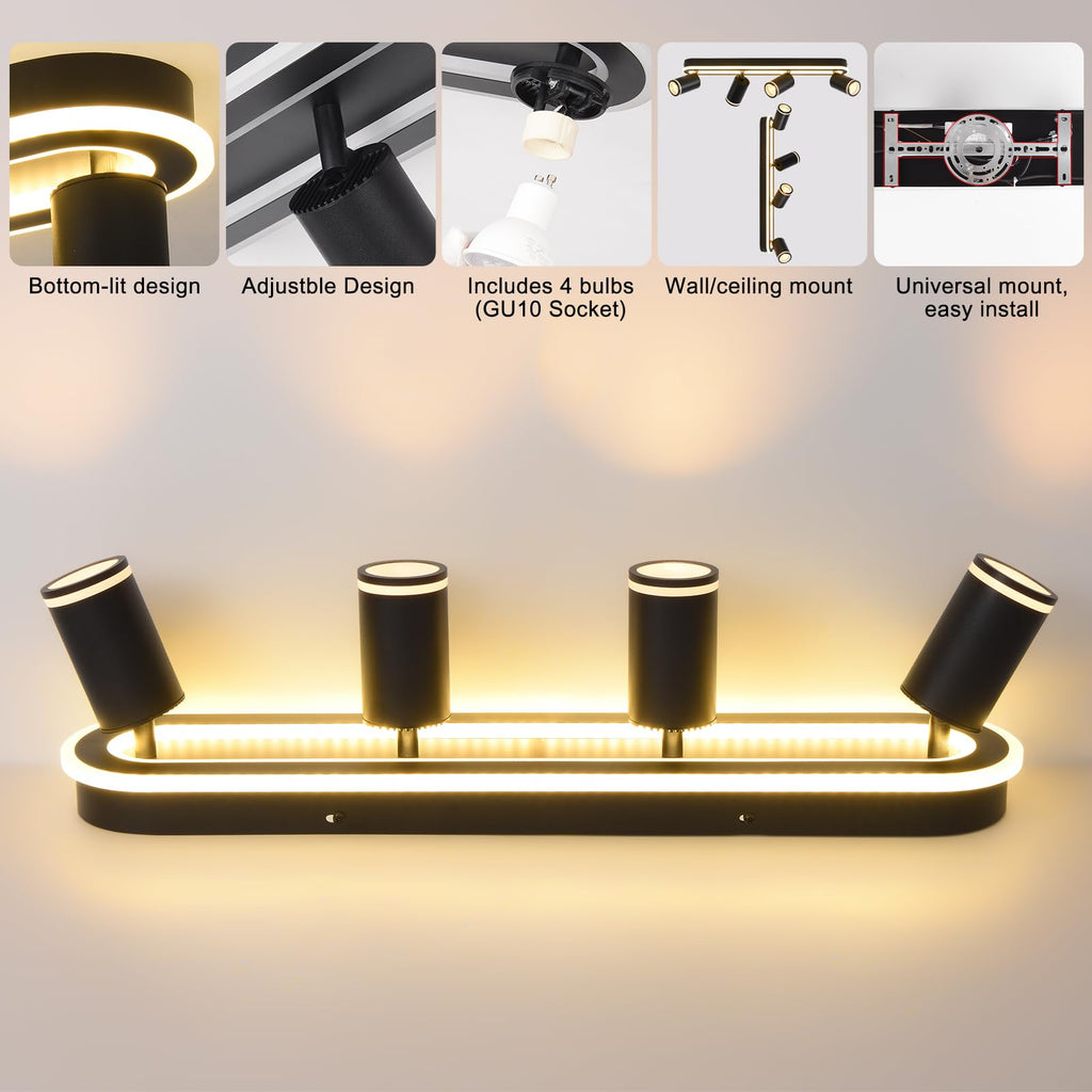 LED 4 Light Track Lighting Spotlight Kit, Modern Black Track Light Fixture