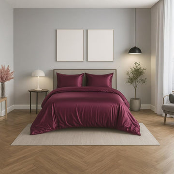 Wine Color, Mulberry Silk Duvet Cover Set (3 PCS) - 100% Pure Silk, Hidden Button Closure & Corner Ties, Ultra Soft &
