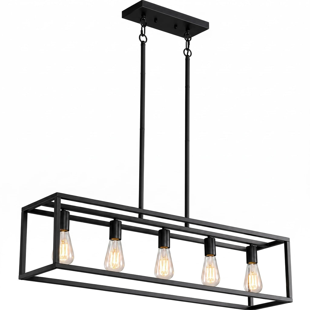 Black Farmhouse Kitchen Island Lighting, Modern Industrial Chandelier, 5-Light Linear Rectangular Pendant Light