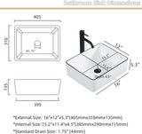 Rectangle Vessel Sink, 16"x12" Above Counter Bathroom Sink Rectangular Small White Ceramic Vessel Sinks for Bathrooms