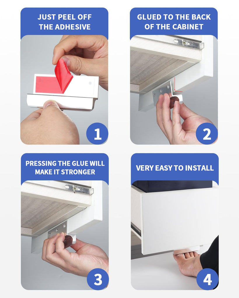 Under Cabinet Foot Pull 4" Silver Stick on Cabinet Handles 2 Pack