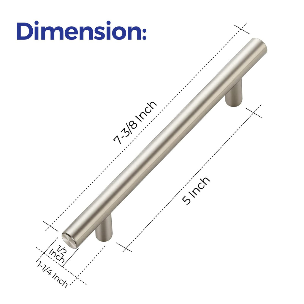 Cabinet Pulls,7.38" Length, 5" Hole Center,Brushed Nickel,15 Pack
