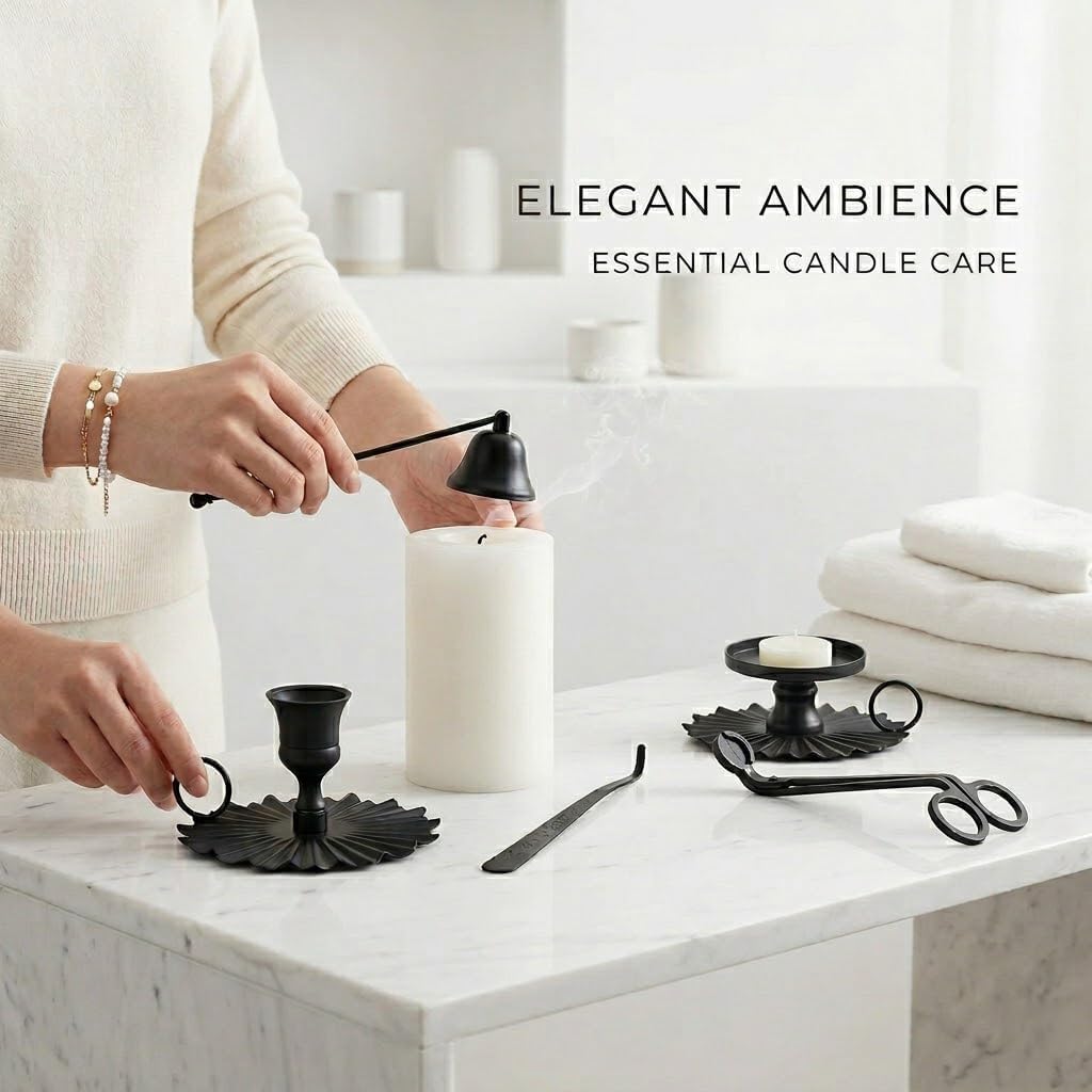 Candle Accessory Set - Wick Trimmer, Snuffer, Dipper, Lighter, Candle Holder - Stainless Steel - Set of 5