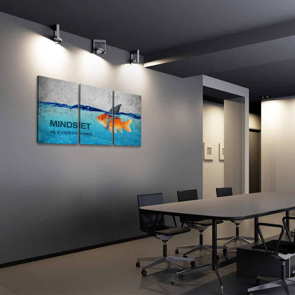 3 Panels Modern Framed Inspirational Quote Canvas Wall Art-Mindset is Everything Goldfish Strong Shark Motivational