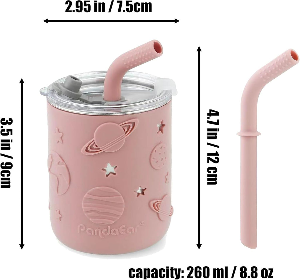 Stainless Steel Baby Feeding Set | 2 Divided Suction Plates, 2 Spill-Proof Straw Cups with Silicone Sleeves, 2 Forks