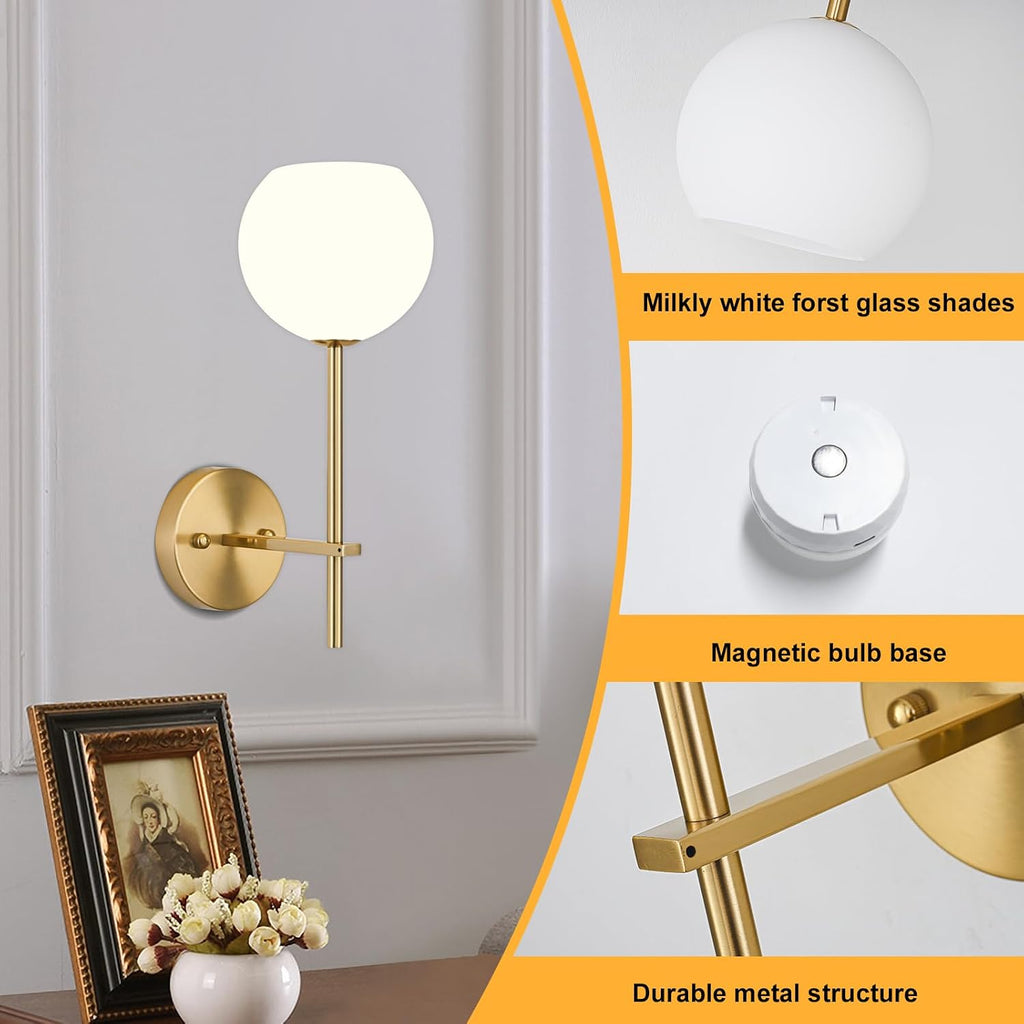 Gold Battery Operated Wall Sconces Set of 2, Rechargeable Wireless Wall Lights with Milky White Frosted Glass Shade