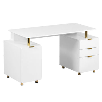57"W Computer Desk w/ 3 Drawers & Storage Cabinet, White/Gold