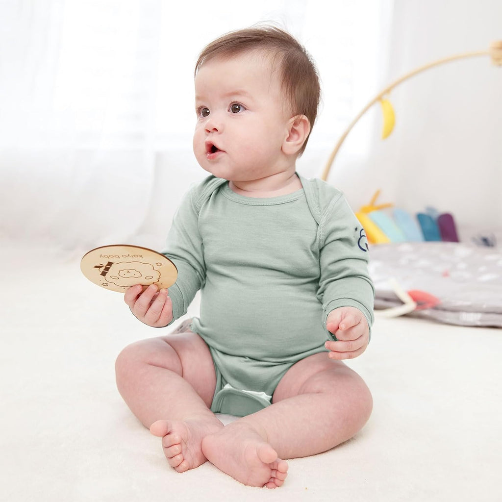 Long Sleeve Baby Bodysuit - Merino Wool &Rayon Made From Bamboo Material, with SnoozySea Hook-and-Loop Closure