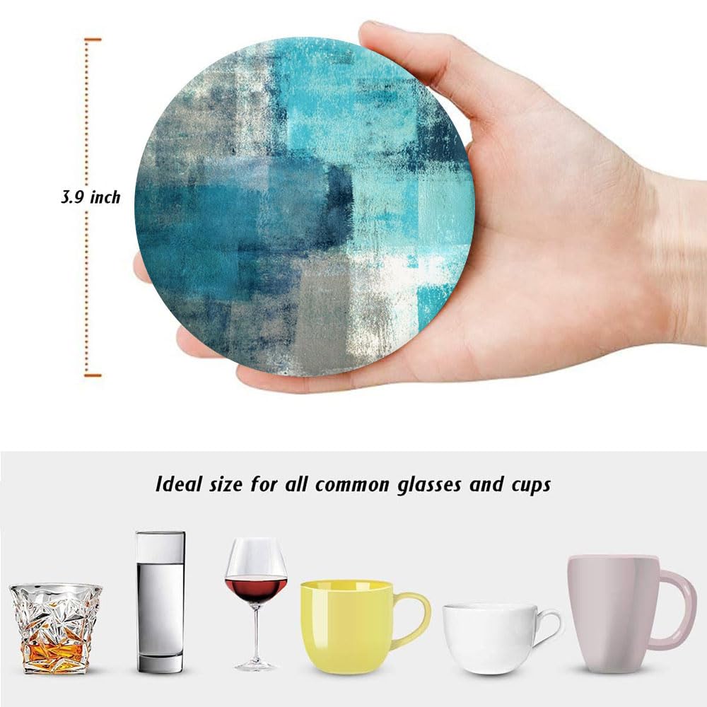 Coasters for Drinks, Round Absorbent Ceramic Stone Coaster Sets of 6 with Metal Holder Stand, Turquoise and Grey