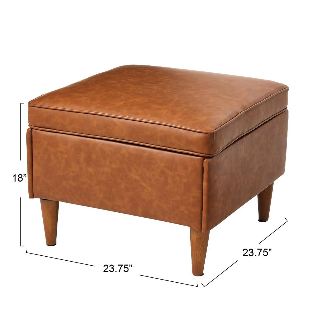 Atley Upholstered Modern Ottoman with Storage and Solid Wood Legs, Cognac Vegan Leather