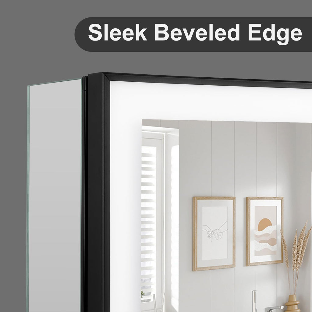 24x32 Medicine Cabinet with Mirror & LED Lights, Black Frame, Anti-Fog, 3-Color Dimmable, Aluminum