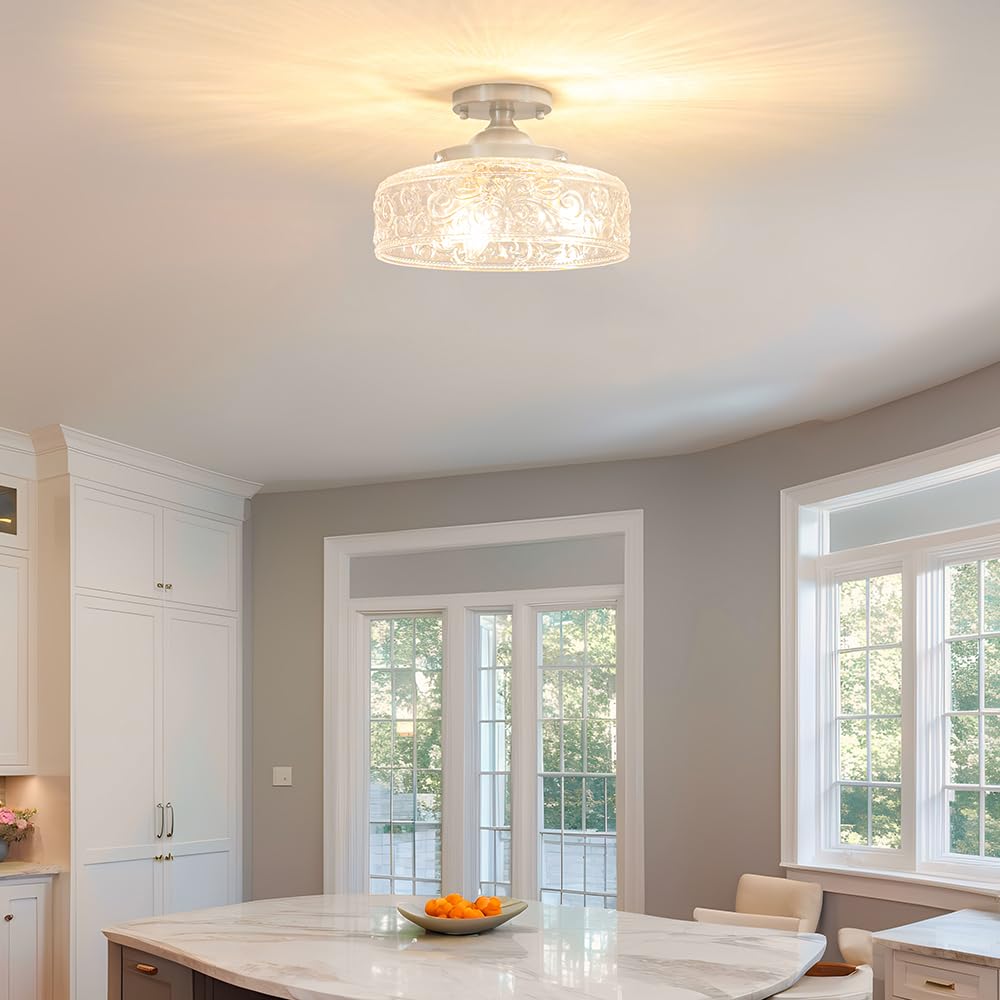 Brushed Nickel Semi Flush Mount Ceiling Light, 3-Light Close to Ceiling Light, Flush Mount Ceiling Lighting with