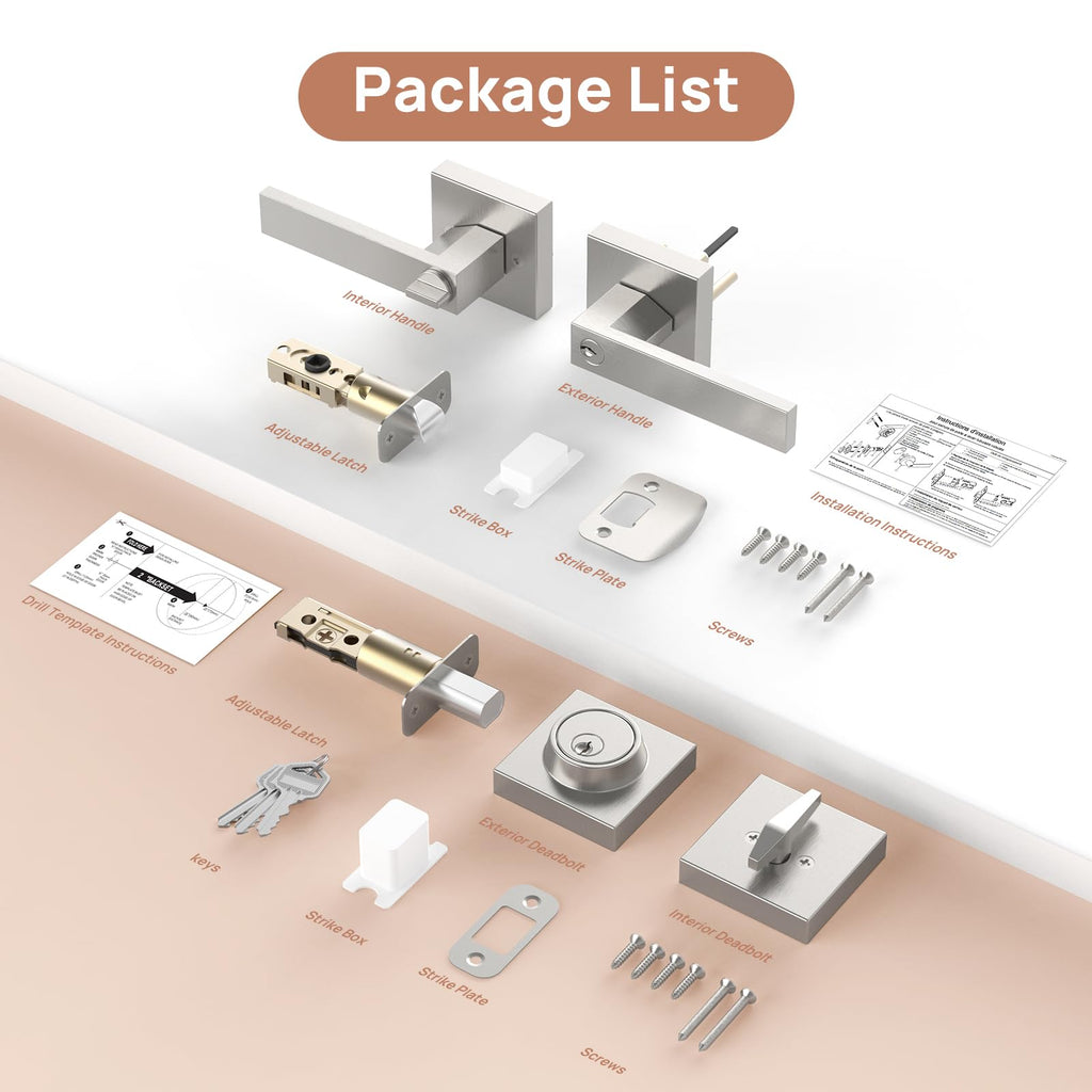 Exterior Door Lock Set with Deadbolt, Door Locks for Front Door with Single Cylinder Deadbolt Lock, Brushed Nickel