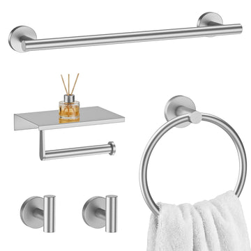 Brushed Nickel 5-Piece Bathroom Hardware Set, 23.6 Inch Towel Bar Set Stainless Steel Towel Racks Round Towel