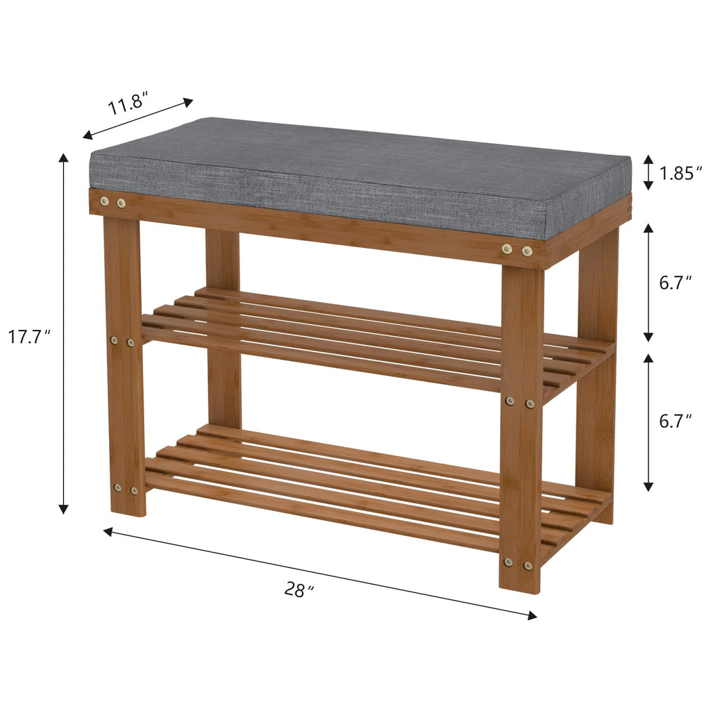 Bamboo Shoe Bench with Cushion, 3-Tier Shoe Rack Organizer, Walnut