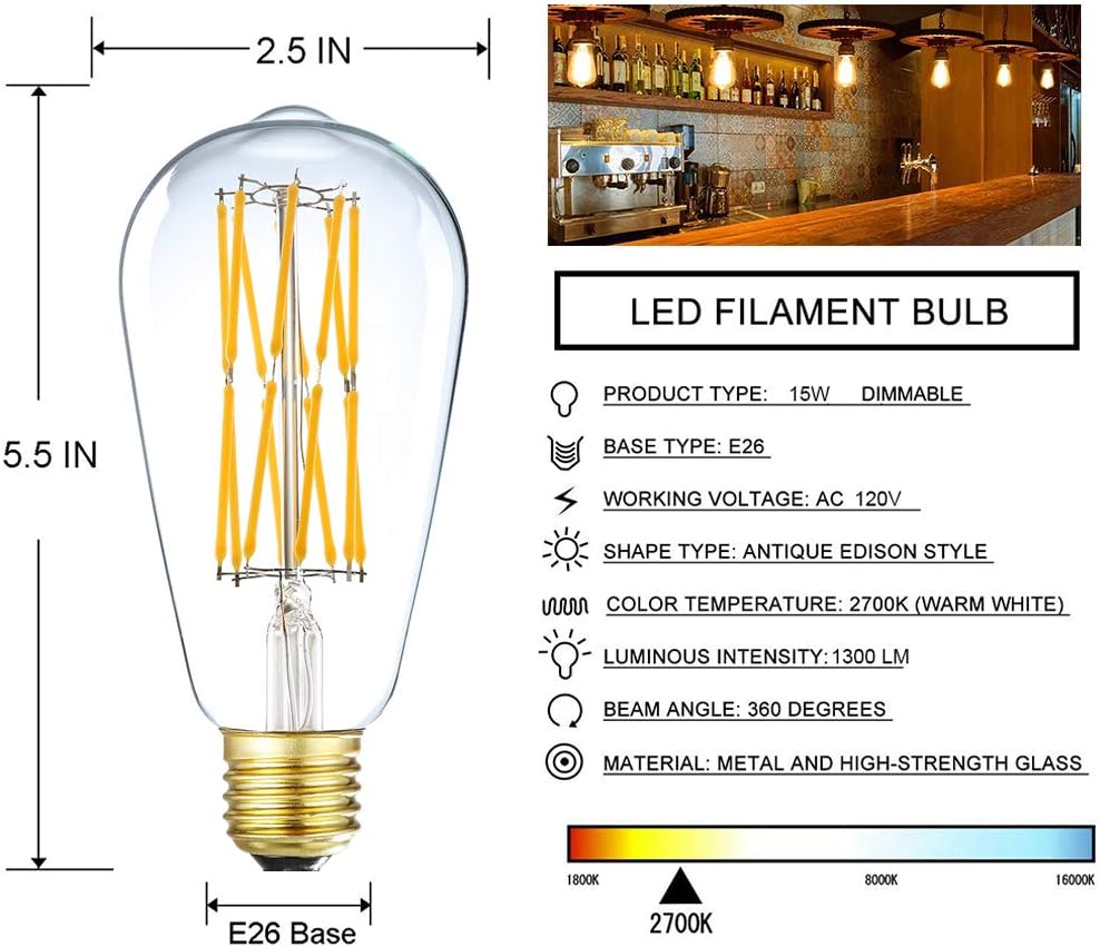 Vintage LED Edison Bulb Dimmable 15W,Equivalent 120W, Antique Style ST64 LED Filament Bulbs,1300 Lumen,2700K Soft