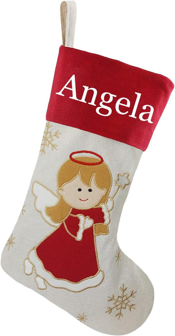 18" Dia Personalized with Embroidered Names, Lovely Christmas Angel Designs Quality Linen Stockings for Holiday
