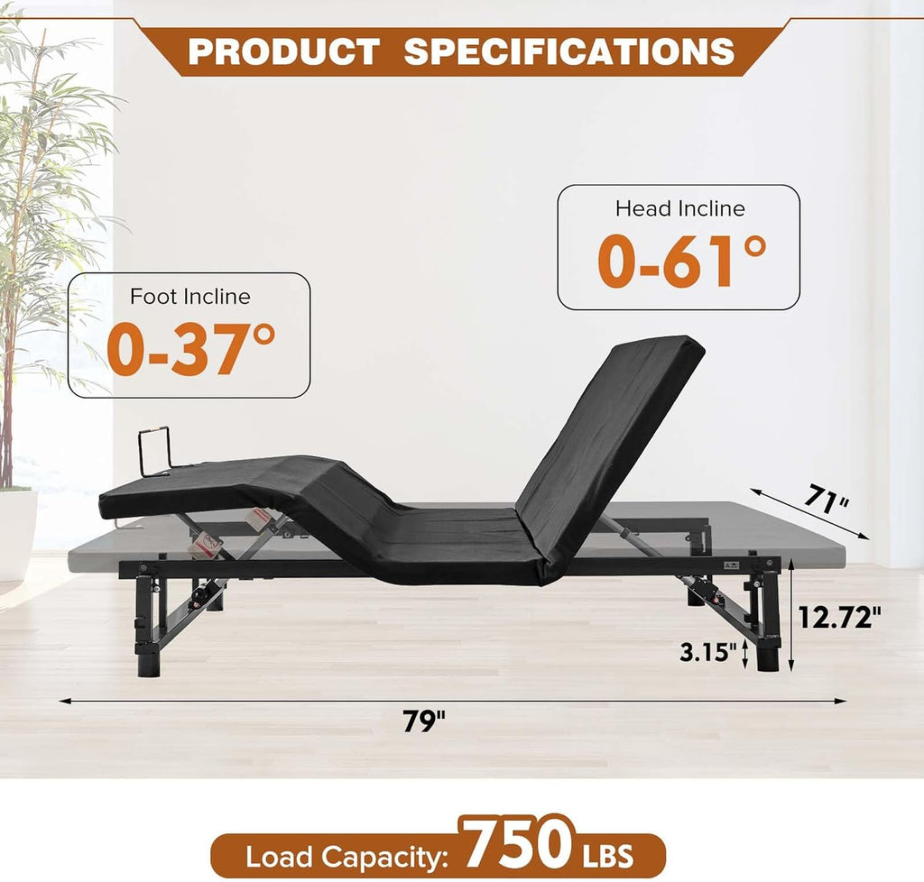 King Size Adjustable Metal Bed Frame with Wireless Remote Control and Quiet Motor, Independent Head and Foot Incline