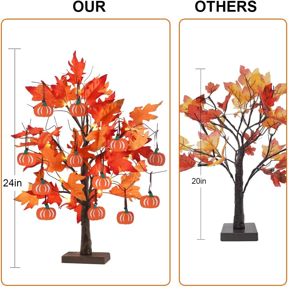 Fall Decorations, Thanksgiving Decorations, 24"2FT Lighted Maple Leaves Tree with 24 LEDs & 12 Wood Pumpkin