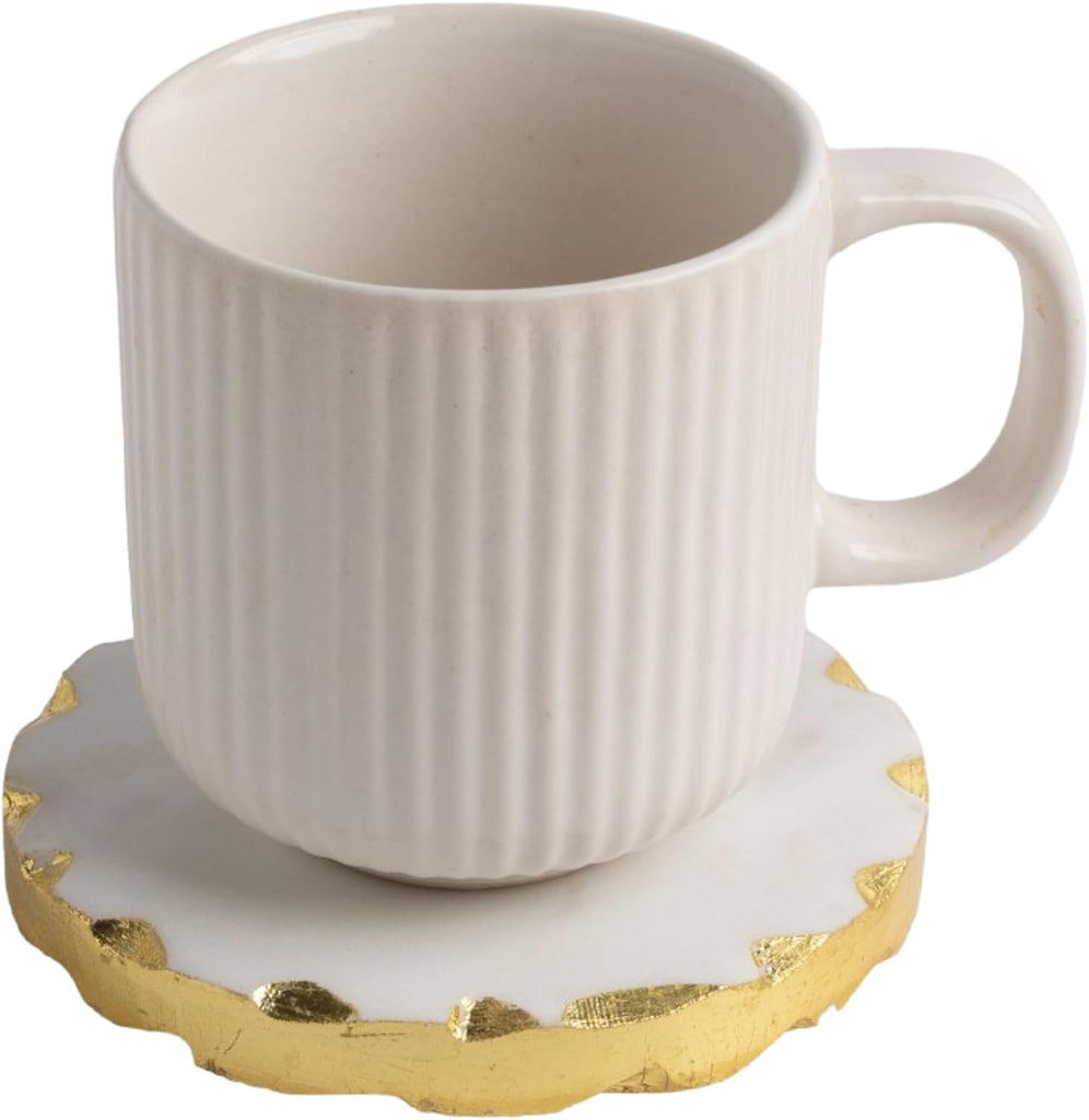 Real Marble Coasters with Golden Borders, decoratice White & Gold Coasters for Desk, Coffee Table | Thick & - Set of 6