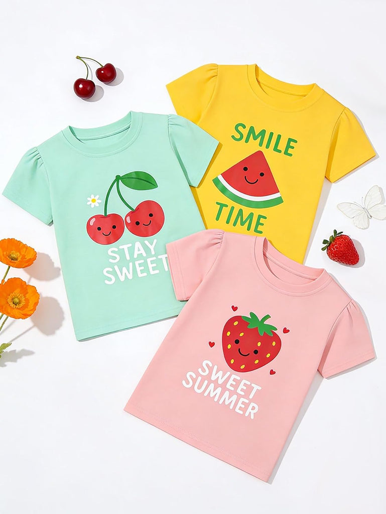 Toddler Girls Graphic T Shirts 3 Pack 100% Cotton Cute Spring Summer Short Sleeve Tees Soft Breathable Tops