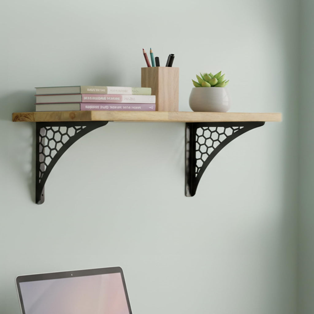 Wall Shelf with Wooden Top Black|White Iron Brackets Storage Rack|Industrial Wall-Mounted Floating Shelf (Black