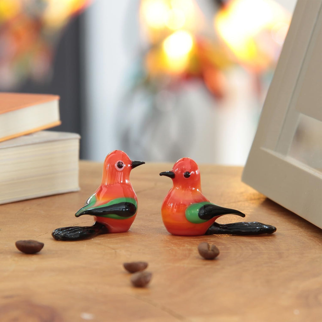 Murano Style Art Glass Animal Figurines Orange Pair of Birds Miniature - Set of 2