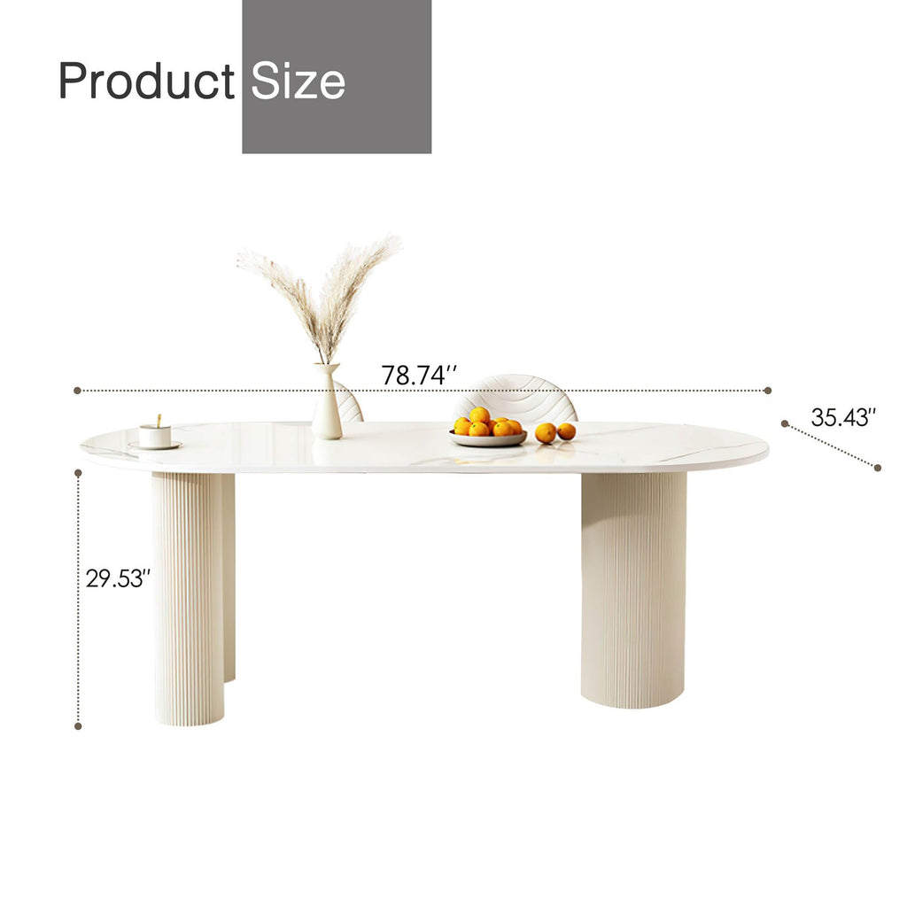 79'' Oval Dining Table for 8-10 People, Scandinavian Wood Dinner Kitchen Table with Sintered Stone Tabletop and