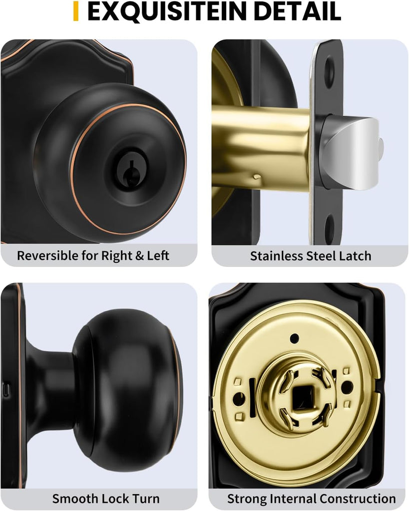 Keyed-Alike Exterior Door Knob with Lock and Key, Oil Rubbed Bronze Front Door Knob, Secure Outdoor Door knobs Entry