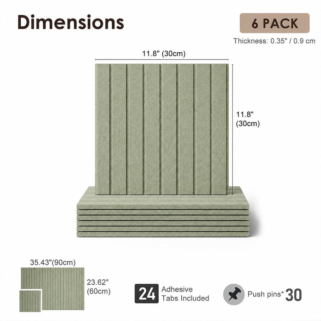 Ribbed Felt Bulletin Board Tiles, 6 Pack Sage Green Cork Board Alternative for Walls, 36 x 24 in Grooved Felt Wall