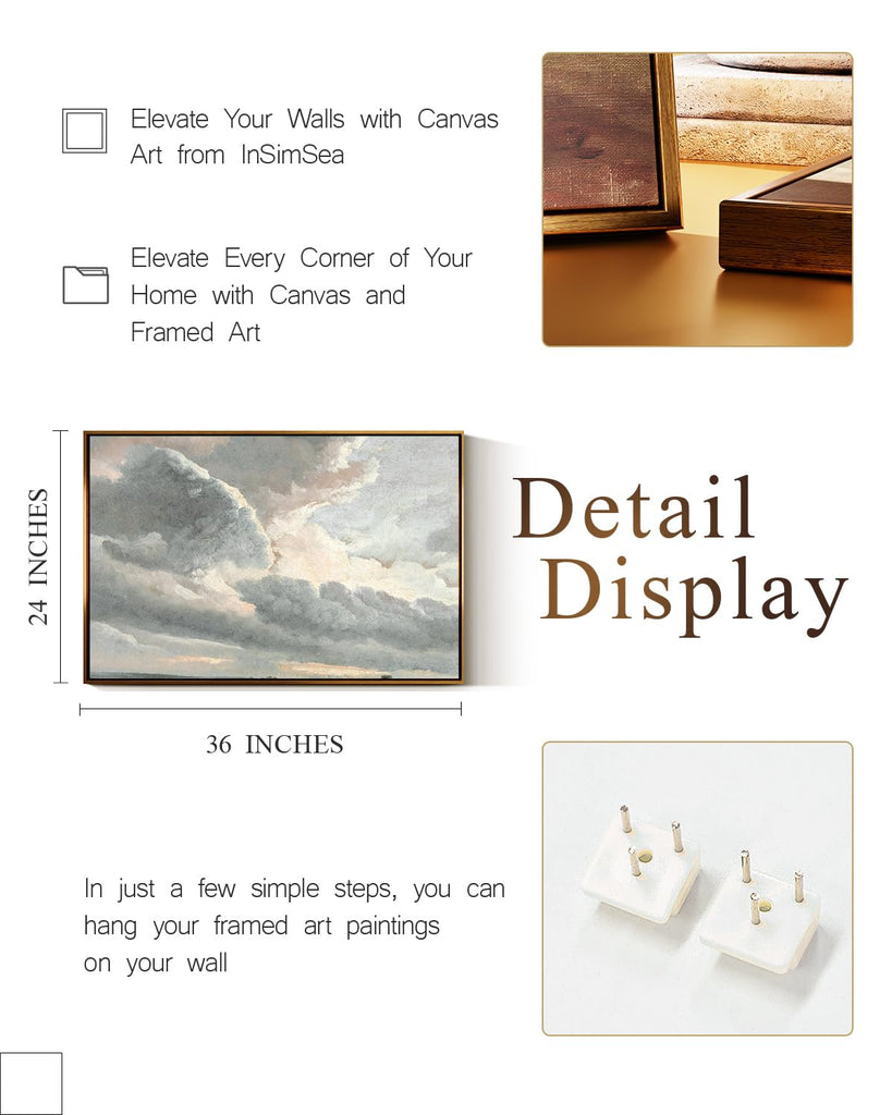Golden Framed Vintage Canvas Wall Art Study of Clouds with a Sunset Near Rome 24x36 inch, Grey Toned Rustic Canvas
