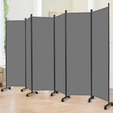 Room Divider 6FT 6 Panel Folding Room Partition with Lockable Wheels, Grey