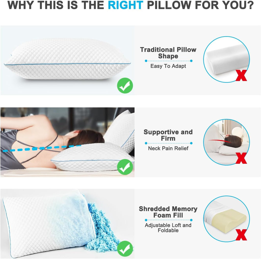 Cooling Shredded Memory Foam Bed Pillows, Standard Size, 4 Pack, 20 x 26 in | Adjustable Firm, Supportive