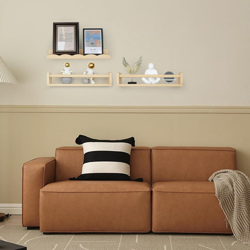 Floating Book Shelves for Wall, 16.5" Natural Wood Nursery Shelves for Book Storage, Solid Pine Wooden Floating Wall