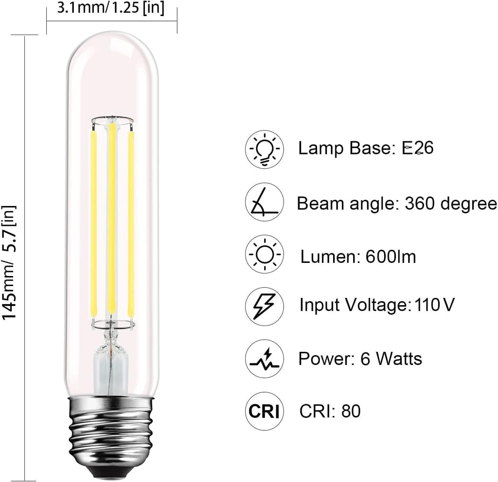 T9 T10 LED Bulb, E26 Dimmable LED Tube Light Bulb, 110v 600Lumens 60W Equivalent, Clear Glass Tubular Light Bulb, 4