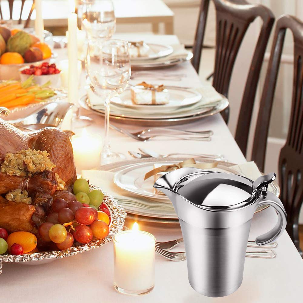 Stainless Steel Gravy Boat Sauce Jug with Lid, 26oz Double Wall Insulated, Storage for Gravy or Cream, Used at Home &