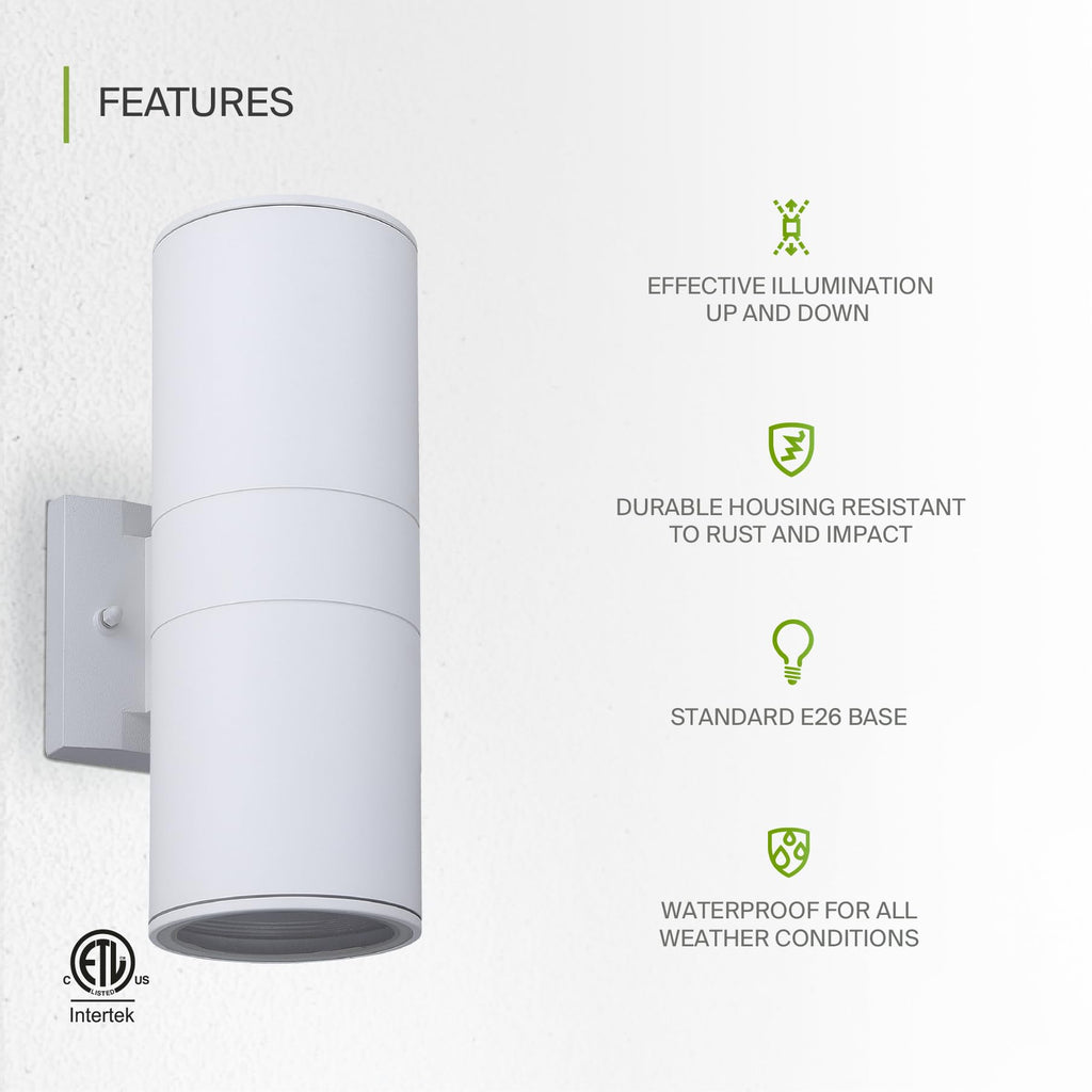 2 Light Cylinder Outdoor Sconce Lights, White 120W E26 ETL 2 Pack