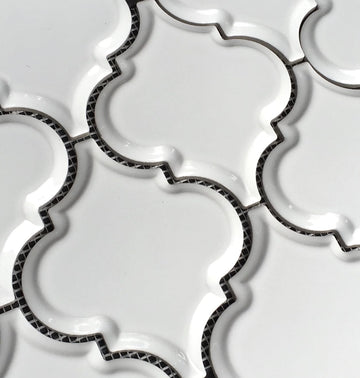 Crystal Glow Glossy White Arabesque Porcelain Mosaic Tile 12x13 in Backsplash Bathroom Wall Shower Fireplace Accent