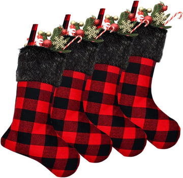 Christmas Stockings- 4 Pack 18" Red Black Buffalo Plaid Stockings with Plush Faux Fur Cuff, Classic Large Christmas