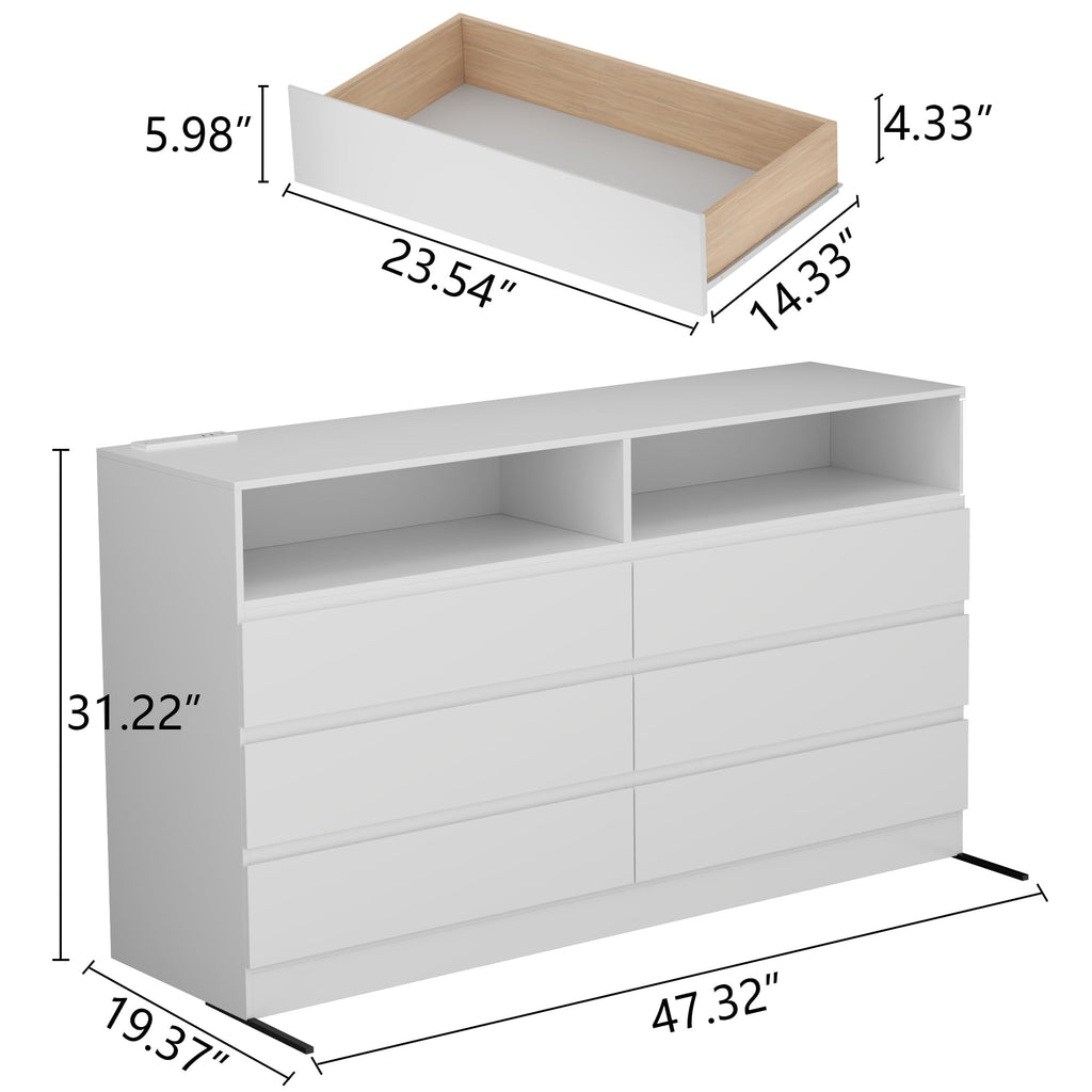 White 6-Drawer w/ Power Outlet and LED Light