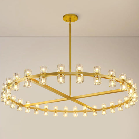 Modern Large 60inch Brass Gold Round Chandelier, 60-Light Crystal Chandelier for Living Room,Indoor Large Space Chandelier Fixtures,Farmhouse Wagon Wheel Chandelier,Including Lightbulbs A117-B0DWK3HS5R