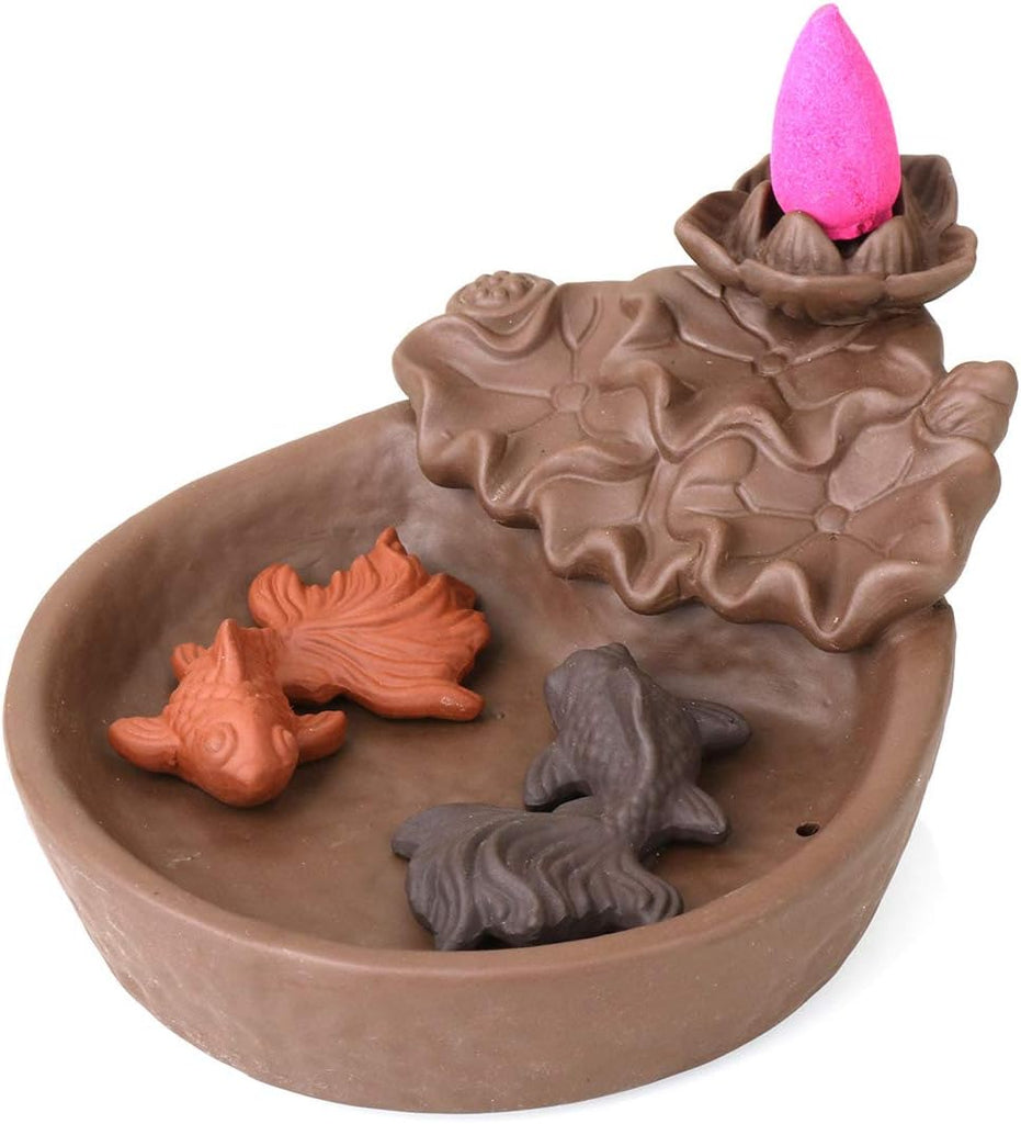 Two Fishes Ceramic Purple Clay Smoke Backflow Incense Cone Sticks Burner Holder - Set of 53