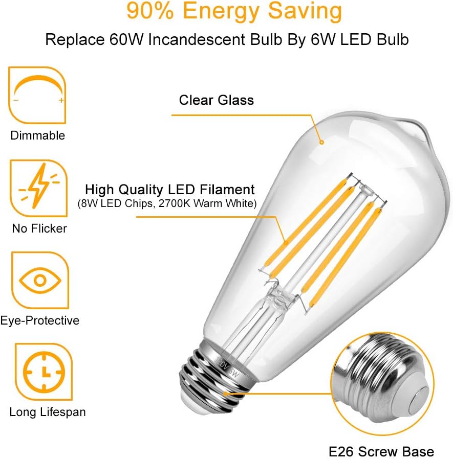 12 Pack Dimmable Vintage LED Edison Bulb, 6W Equivalent 60W LED Edison Bulb Warm White 2700K Antique Led Vintage